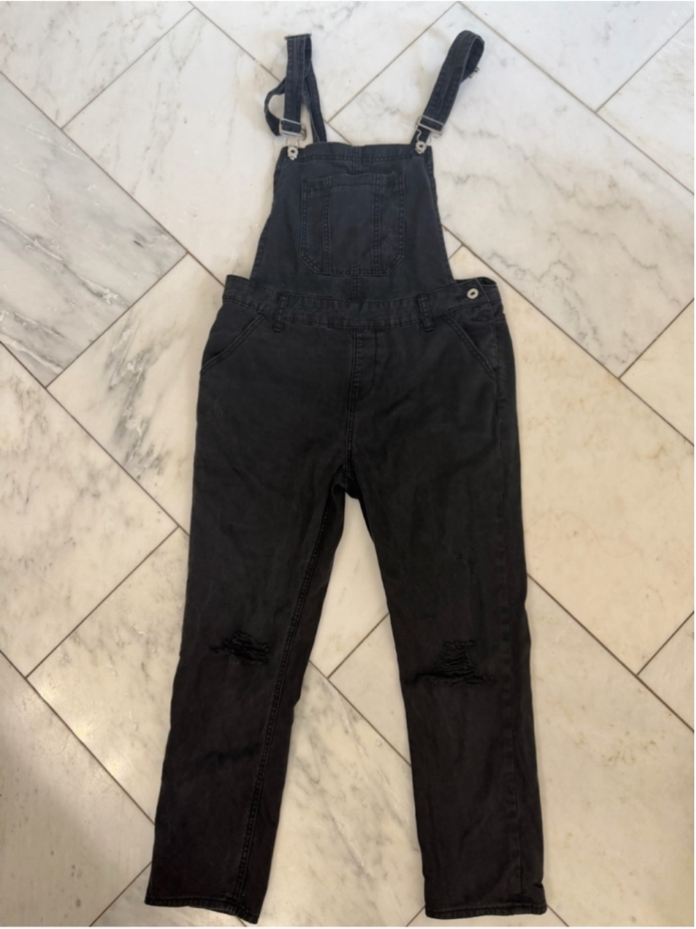 Risen Jean Los Angeles Washed Black Distressed Ankle Crop Overalls Womens Medium - Picture 6 of 15